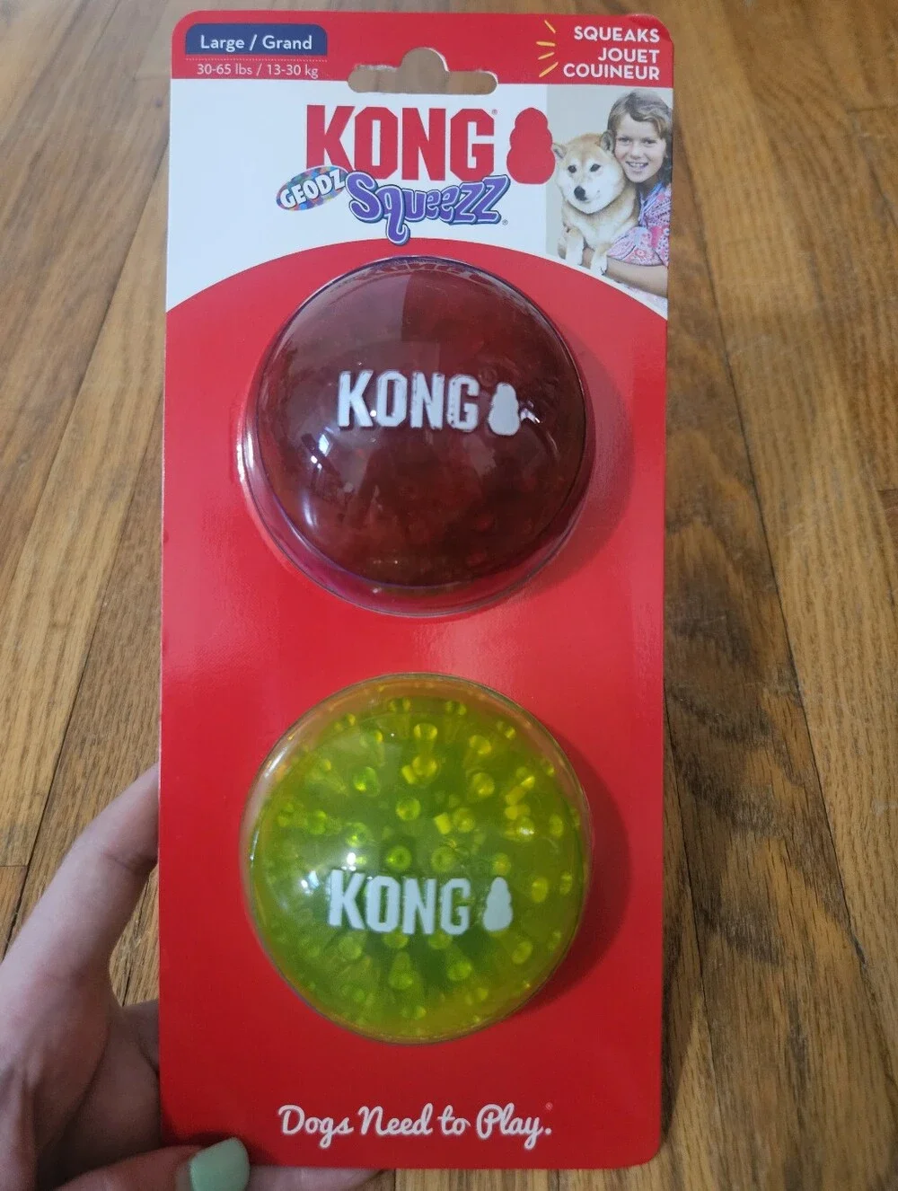 NIB Set Of 2 Balls KONG Geodz Squeezz Balls Dog Toy Duo Size Large Squeaks
